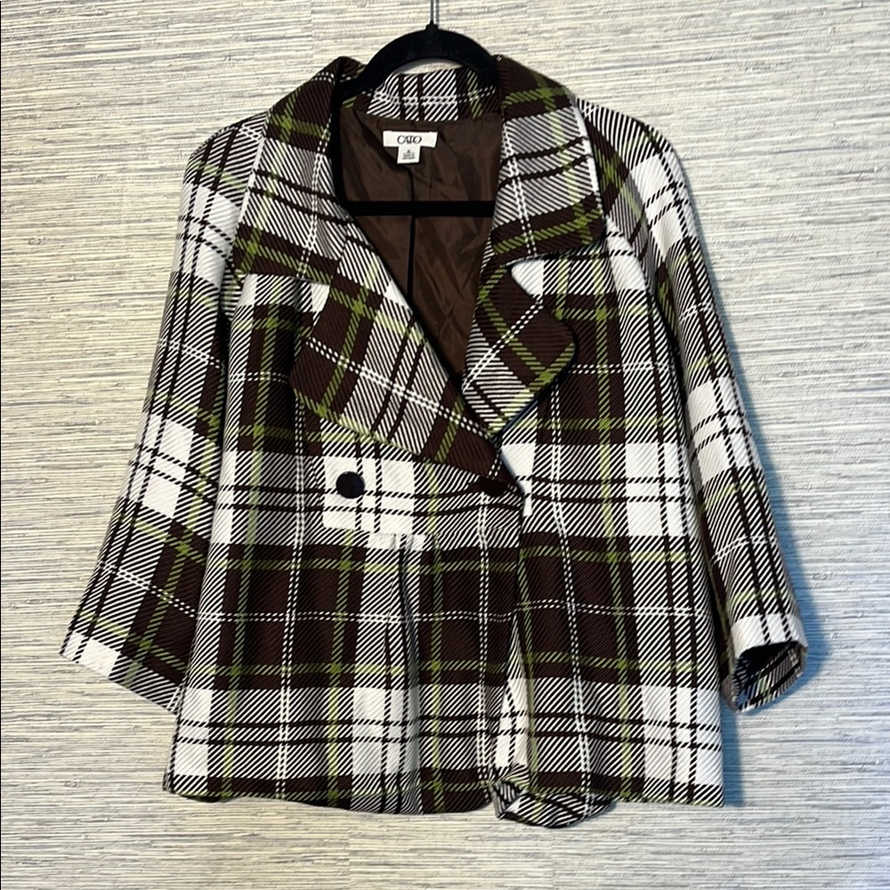 Cropped Brown Plaid Jacket – Size XL, 3/4 Sleeves, Double Breasted Style (623)